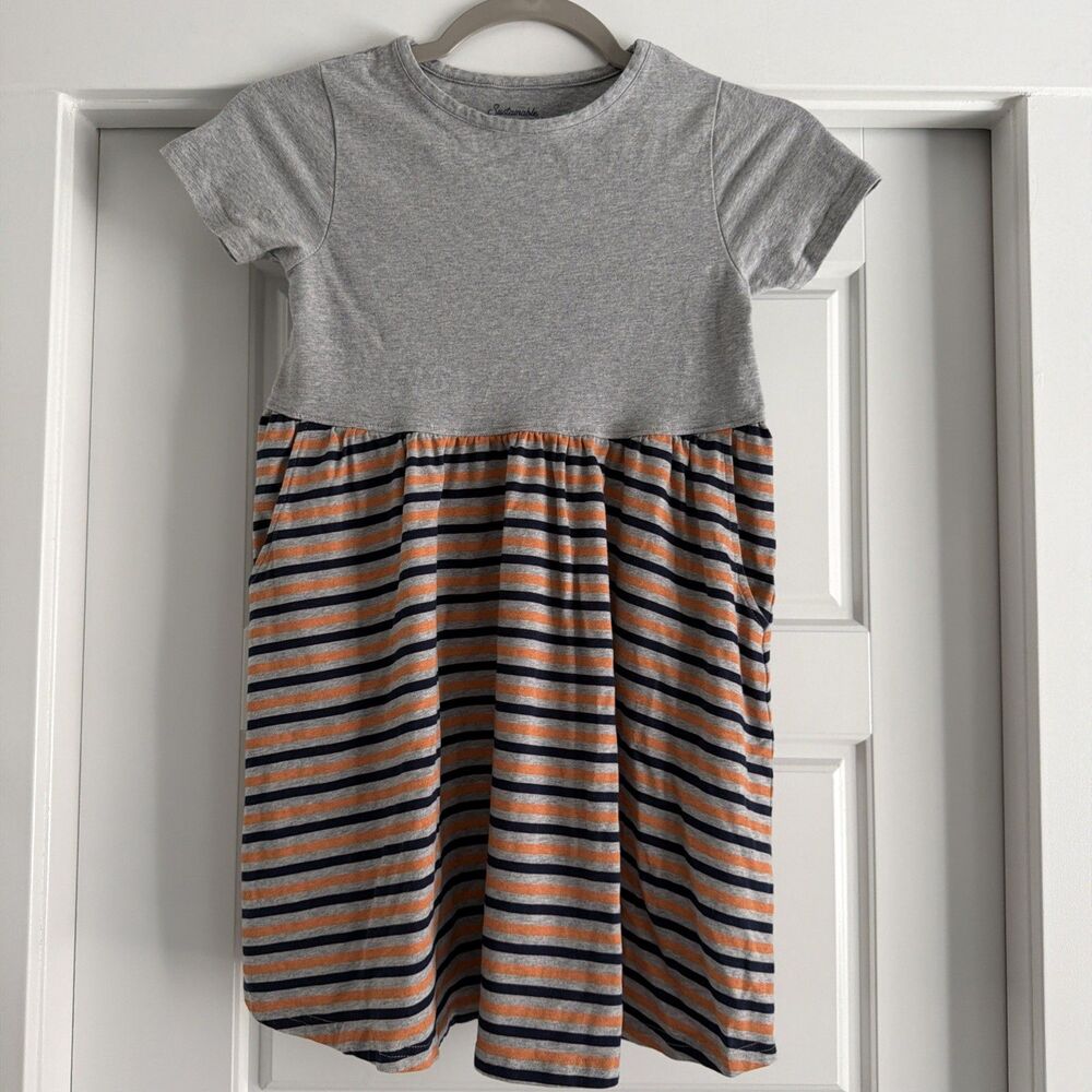 Pact Girls sz 8/9 Organic Cotton Striped Short Sleeve Pocket Dress Grey casual